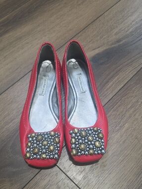 Calvin Klein Red Studded Square-Toe Ballet Flats